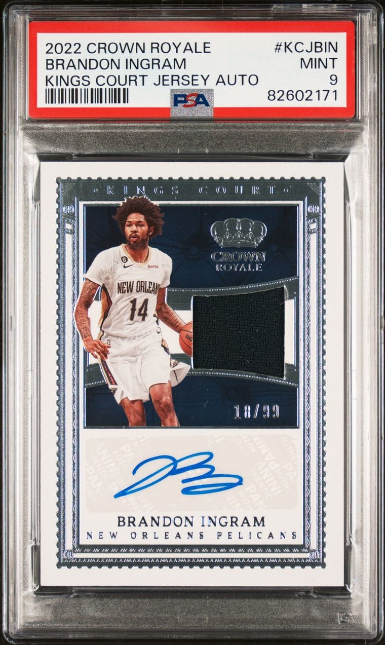 2022 BRANDON INGRAM Crown Royale Kings Court Game Used Patch Auto 18/99 PSA MINT 9