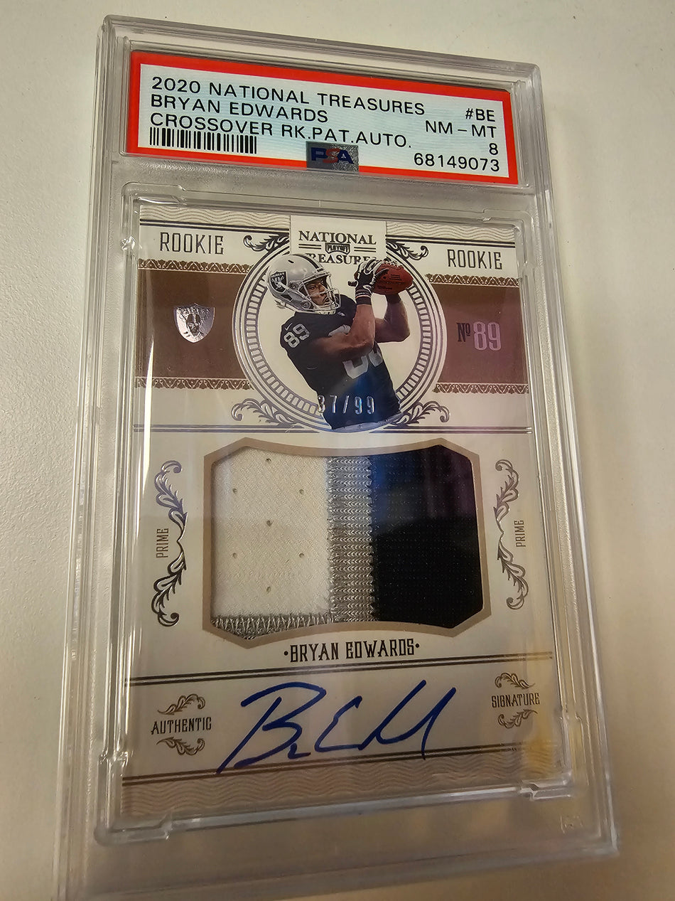 2020 National Treasures Crossover Bryan Edwards Rookie Patch Auto /99 PSA 8 NM-MT
