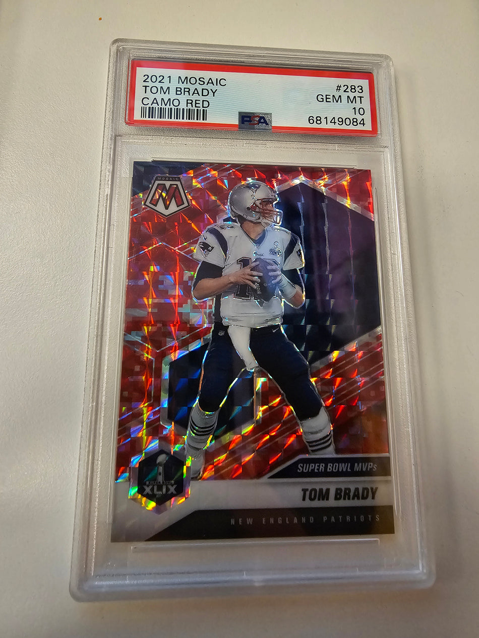 2021 Panini Mosaic Super Bowl MVPs Camo Red Prizm Tom Brady #283 PSA 10 GEM MT