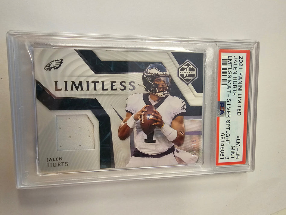 2021 Panini Limited Jalen Hurts Limitless Materials Silver Spotlight /75 PSA 9