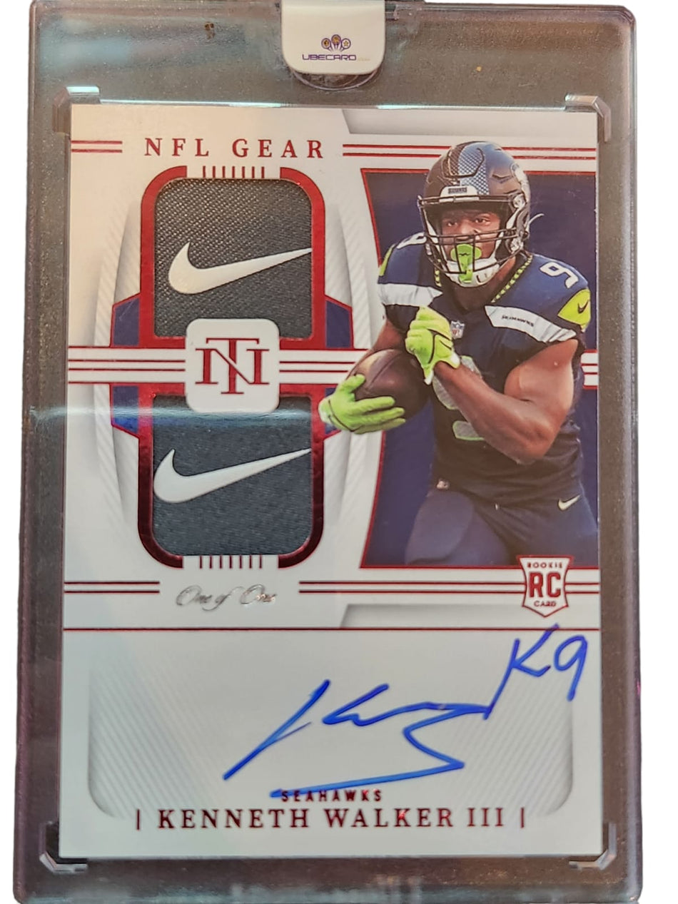 2022 National Treasures Kenneth Walker "1 of 1" Oncard Autograph K9 Double Patch Nike NFL Gear Rookie Card No. RGS-KW