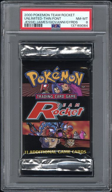2000 POKEMON TEAM ROCKET PACK UNLIMITED-THIN FONT JESSIE/JAMES/GIOVANNI/GYRDS PSA 8
