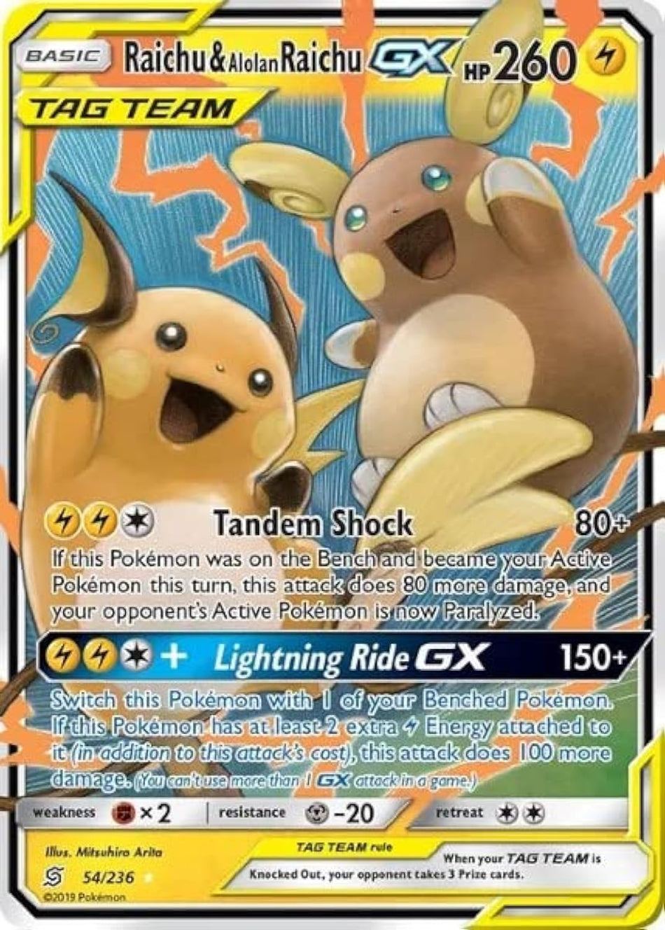 2019 POKEMON SM FA/RAICHU & ALOLAN RAICHU GX UNIFIED MINDS #54 AGS 9