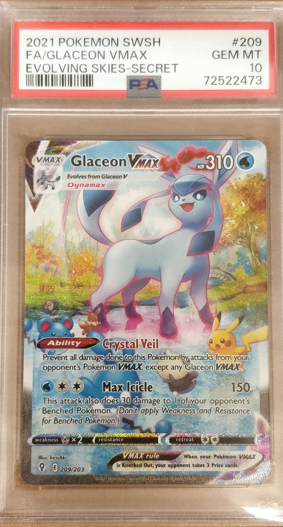 2021 POKEMON SWSH FA/GLACEON VMAX EVOVLING SKIES-SECRET #209 GEM MT PSA 10 (72522473)