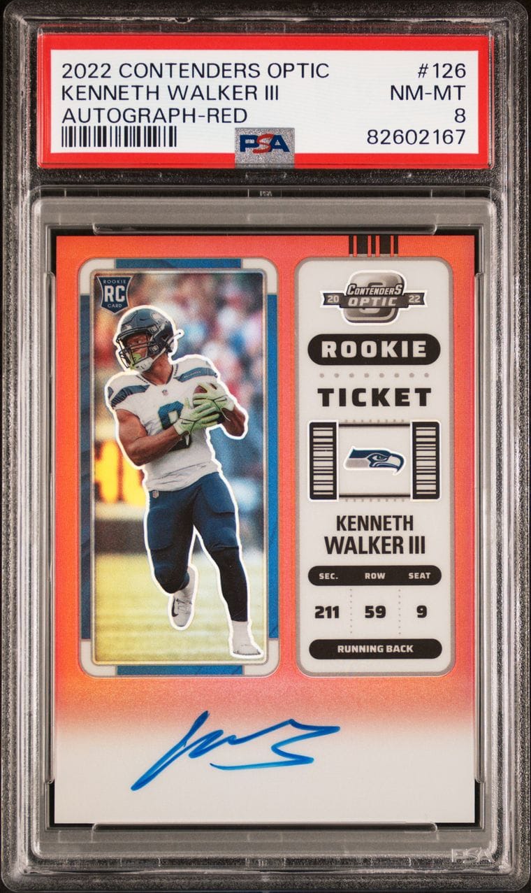 2022 KENNETH WALKERS III CONTENDERS RED ROOKIE TICKET Auto /149 #126 PSA 8