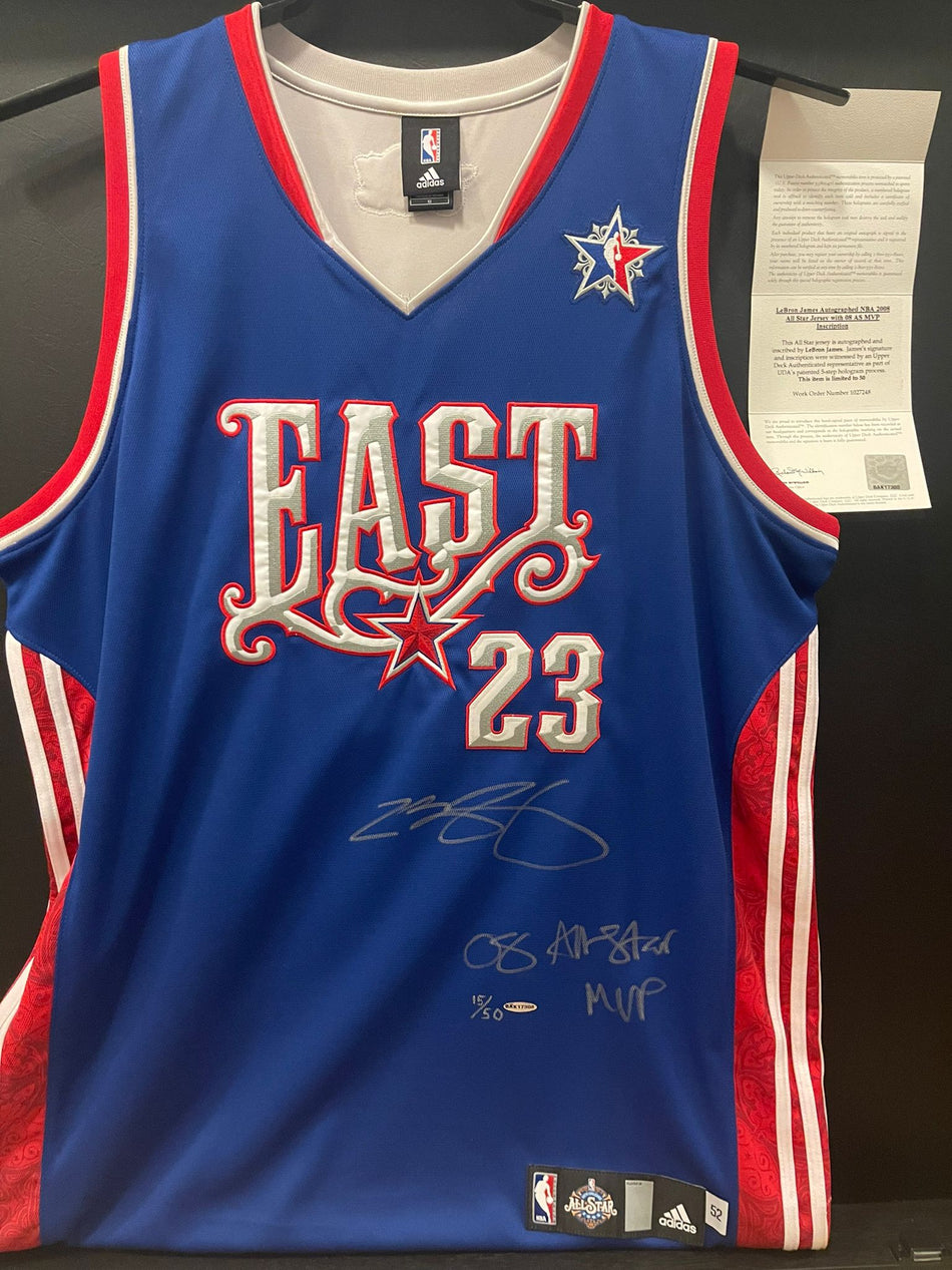 ULTRA RARE LeBRON JAMES AUTOGRAPHED NBA 2008 ALL-STAR JERSEY with 08 AS MVP INSCRIPTION OUT OF 50 UPPER DECK