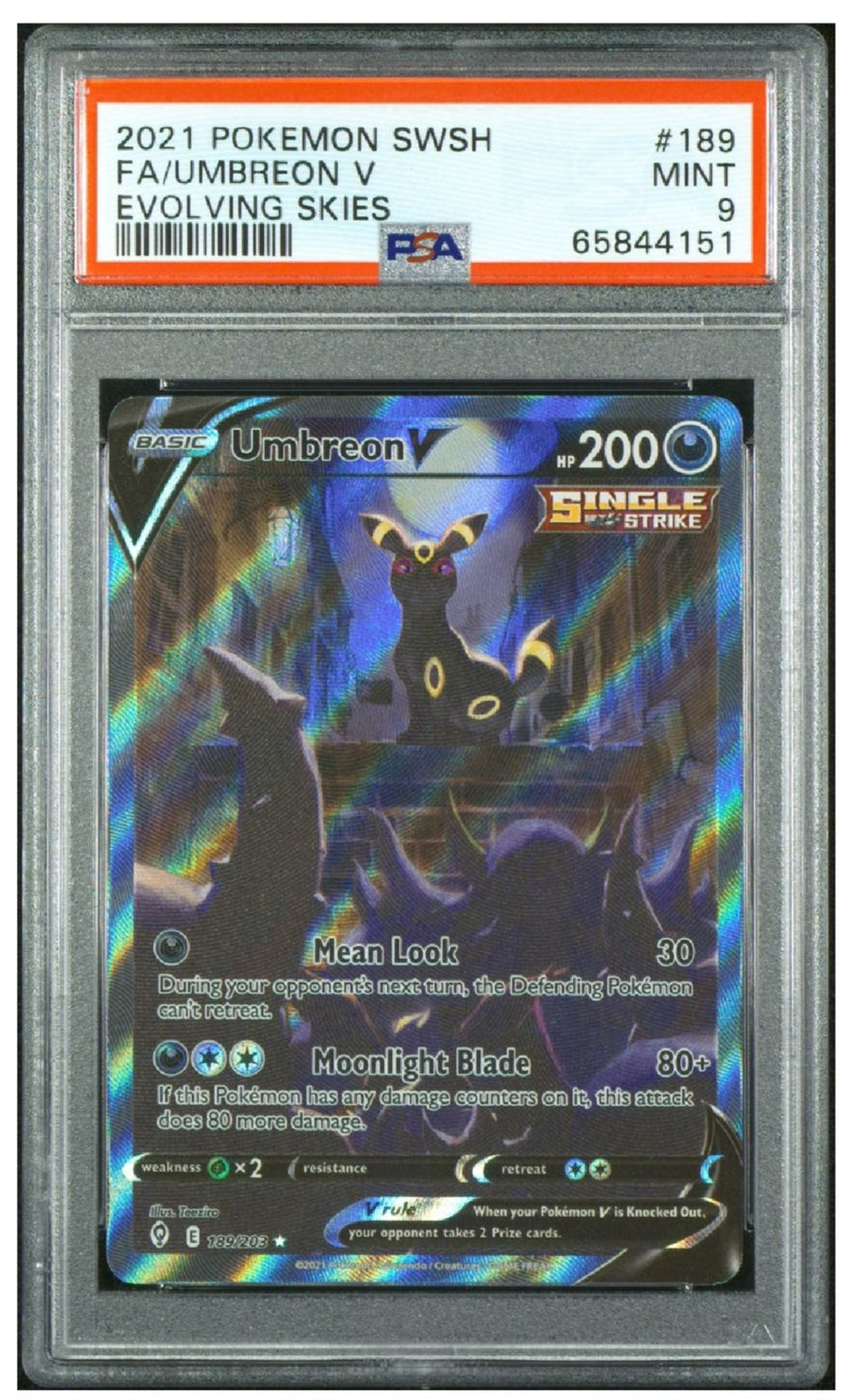 2021 Pokemon SWSH FA/UMBREON V Evolving Skies #189 PSA MINT 9