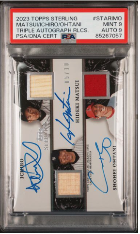 2023 TOPPS STERLING TRIPLE AUTOGRAPH RELIXS MATSUI / ICHIRO / OHTANI No. STARIMO PSA 9