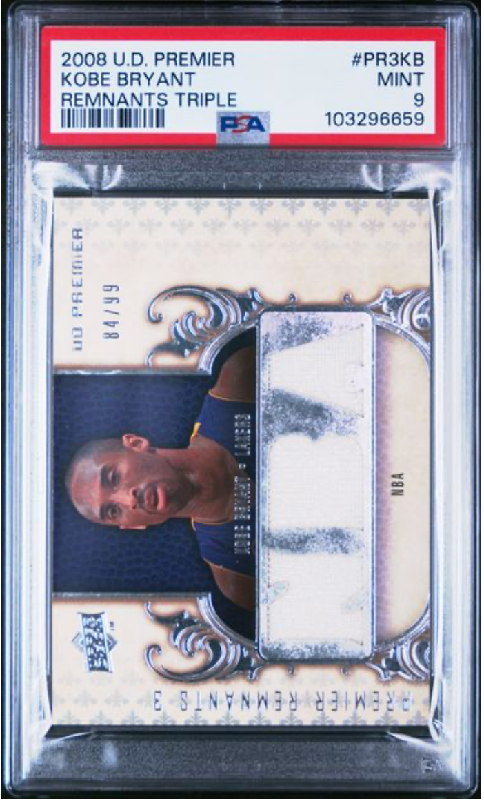 2008 UPPER DECK PREMIER PREMIER REMNANTS TRIPLE #PR3KB KOBE BRYANT REMNANTS TRIPLE PSA MINT 9 /99