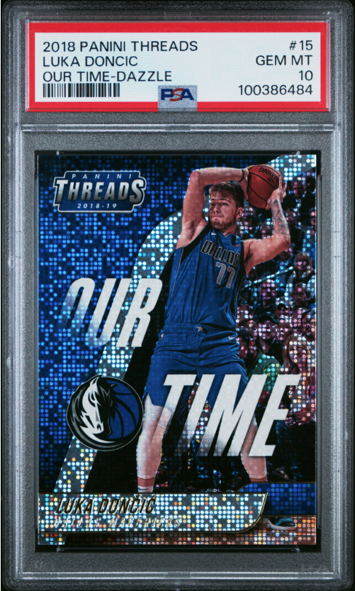2018 PANINI THREADS #15 LUKA DONCIC ROOKIE OUR TIME-DAZZLE PSA 10