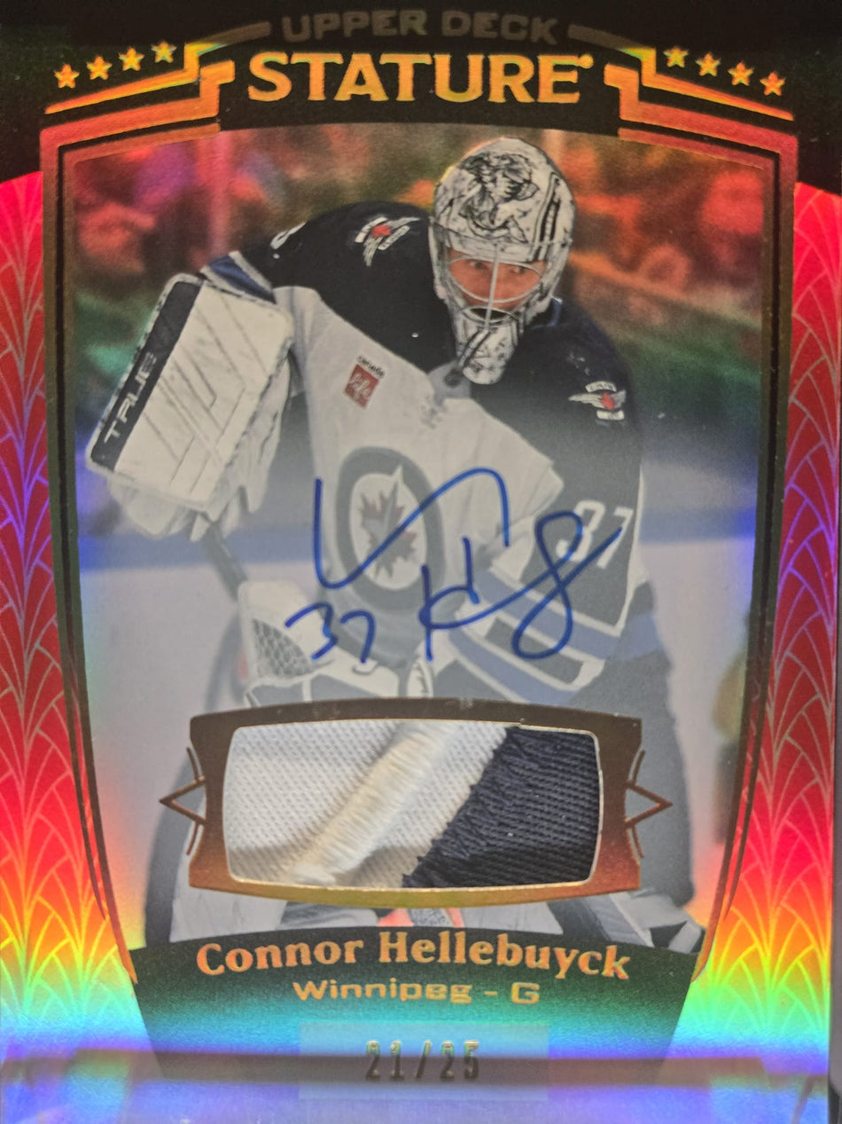 2024-25 UD Stature CONNOR HELLEBUYCK No. 3 AUTO PATCH RED /25