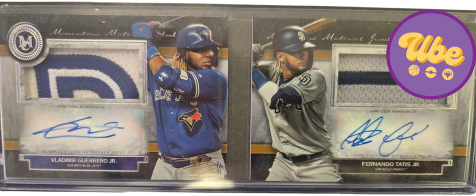 2020 TOPPS VLADIMIR GUERRERO JR / FERNANDO TATIS JR MOMENTOUS MATERIAL DUAL JUMBO PATCH AUTO MDJA-GTJ 5/5