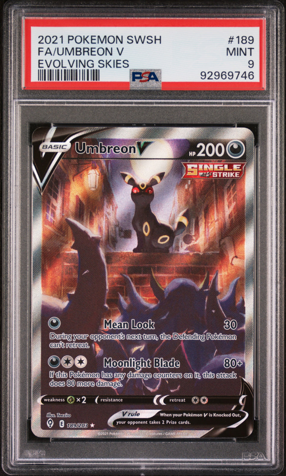 2021 Pokemon SWSH FA/UMBREON V Evolving Skies #189 PSA MINT 9