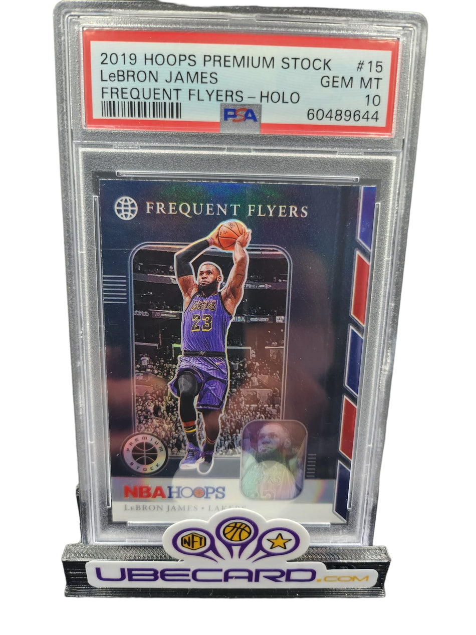 LEBRON JAMES 2019 Hoops Premium Stock Frequent Flyers Holo #15 PSA 10